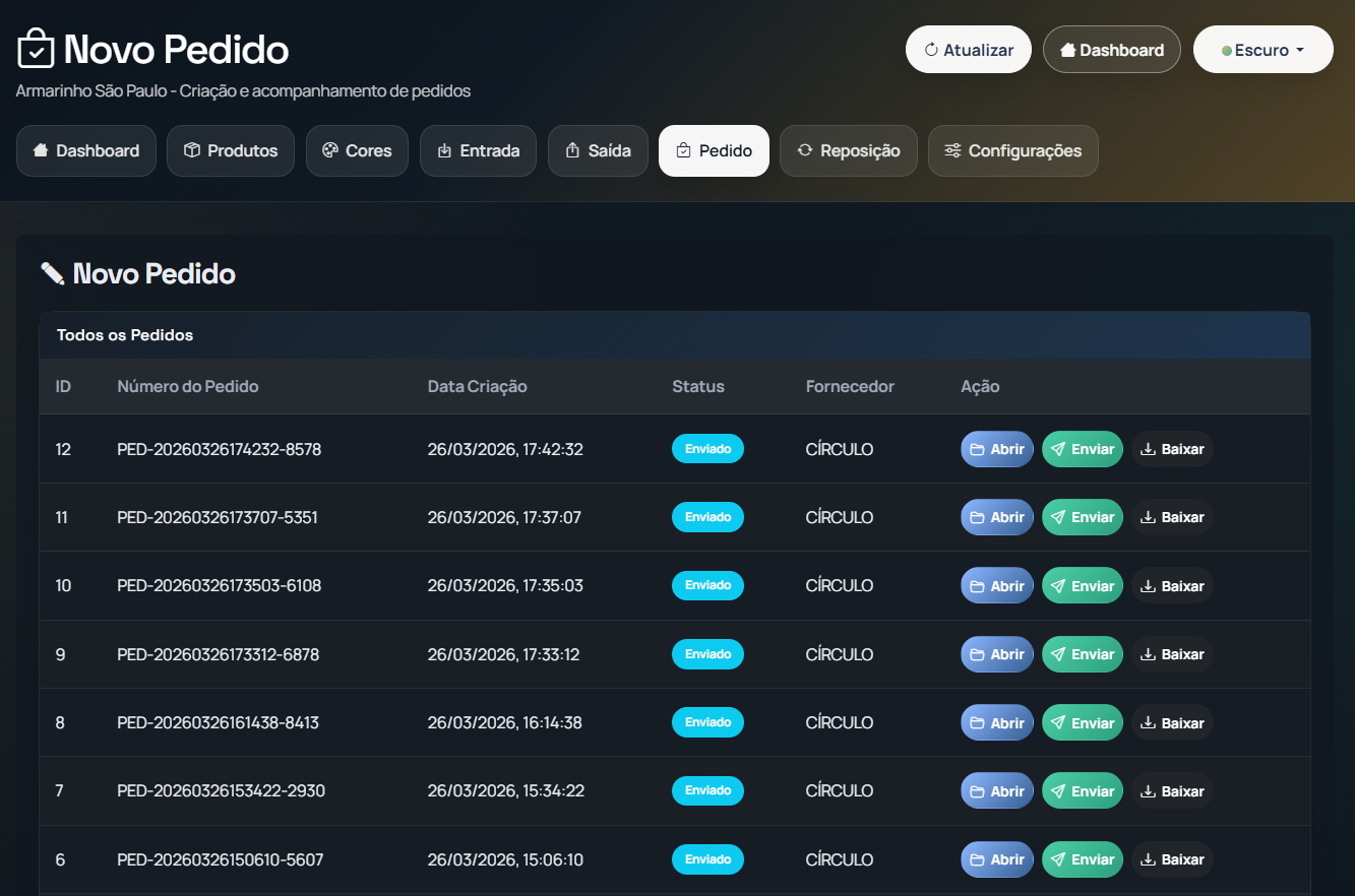 Tela de novo pedido do estoque do Armarinho Sao Paulo