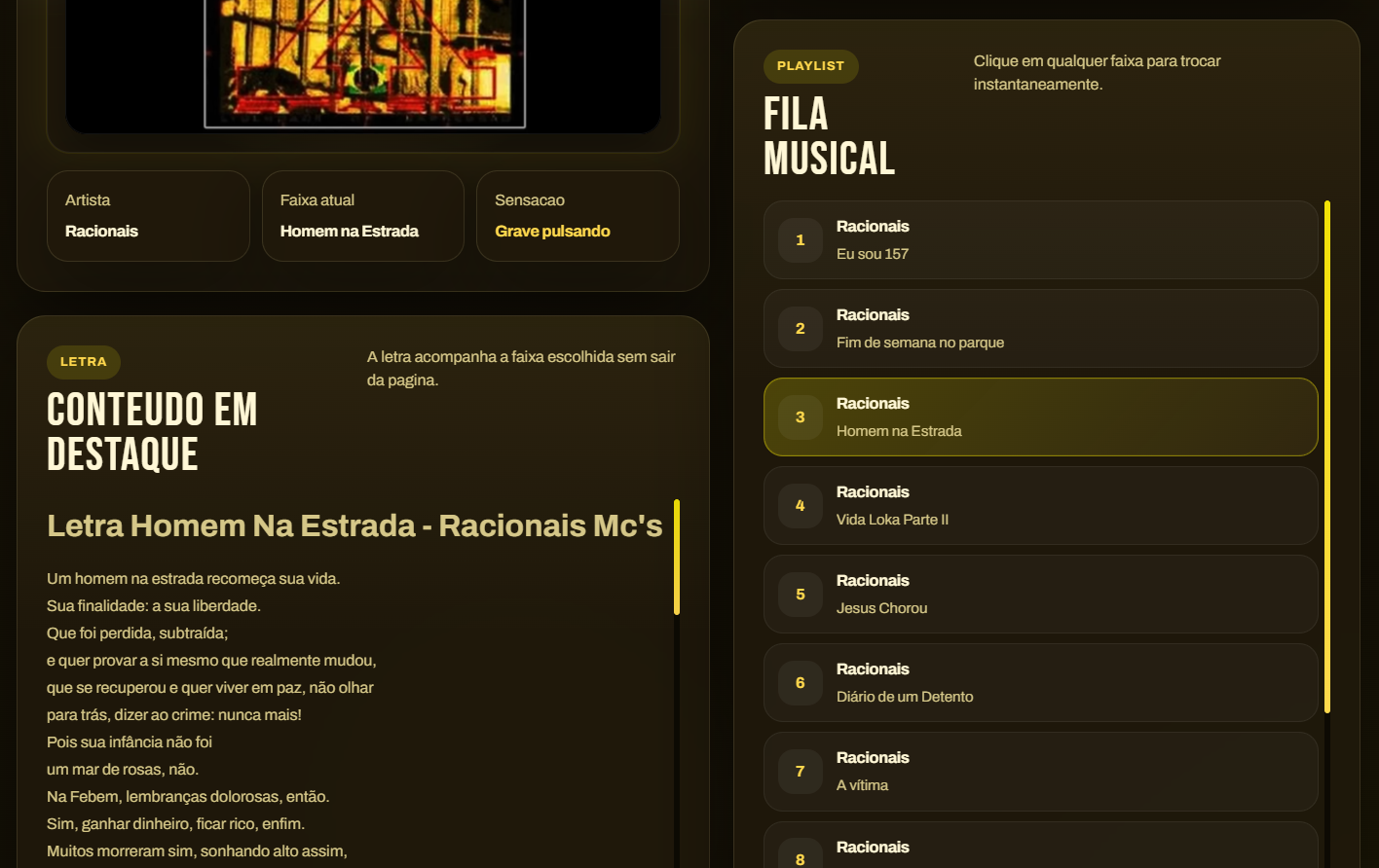 Tela de fila musical do projeto Racionais Experience