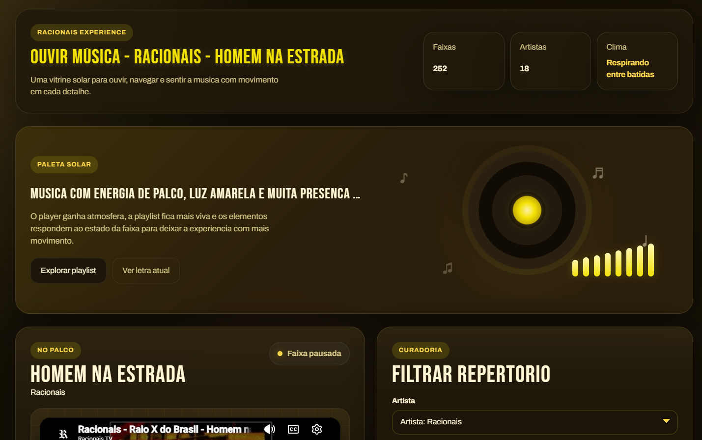 Tela geral do projeto Racionais Experience
